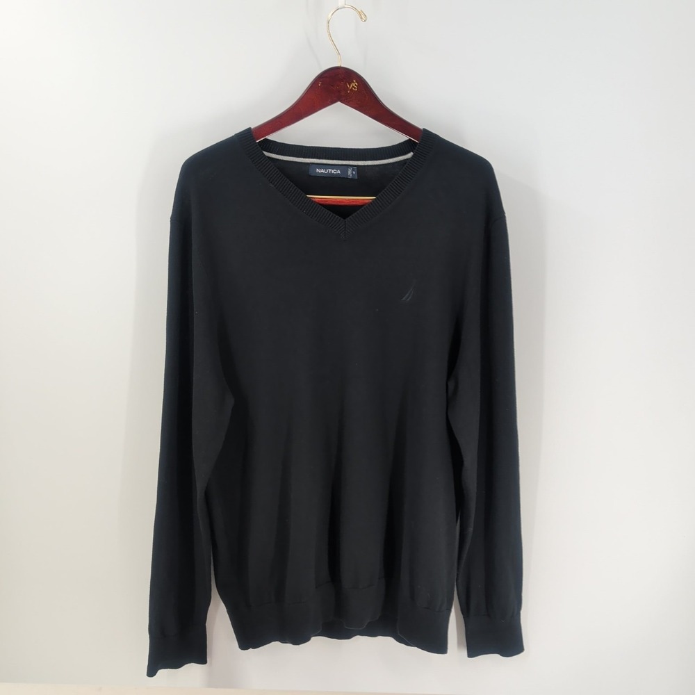 Nautica Long Sleeve V-Neck Modern Classic‎ Stylish Pullover Sweater Black Size M